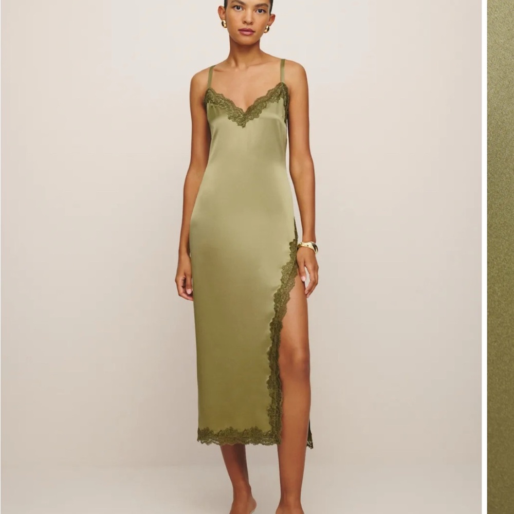 Reformation Olive Green Karissa Maxi Silk Dress